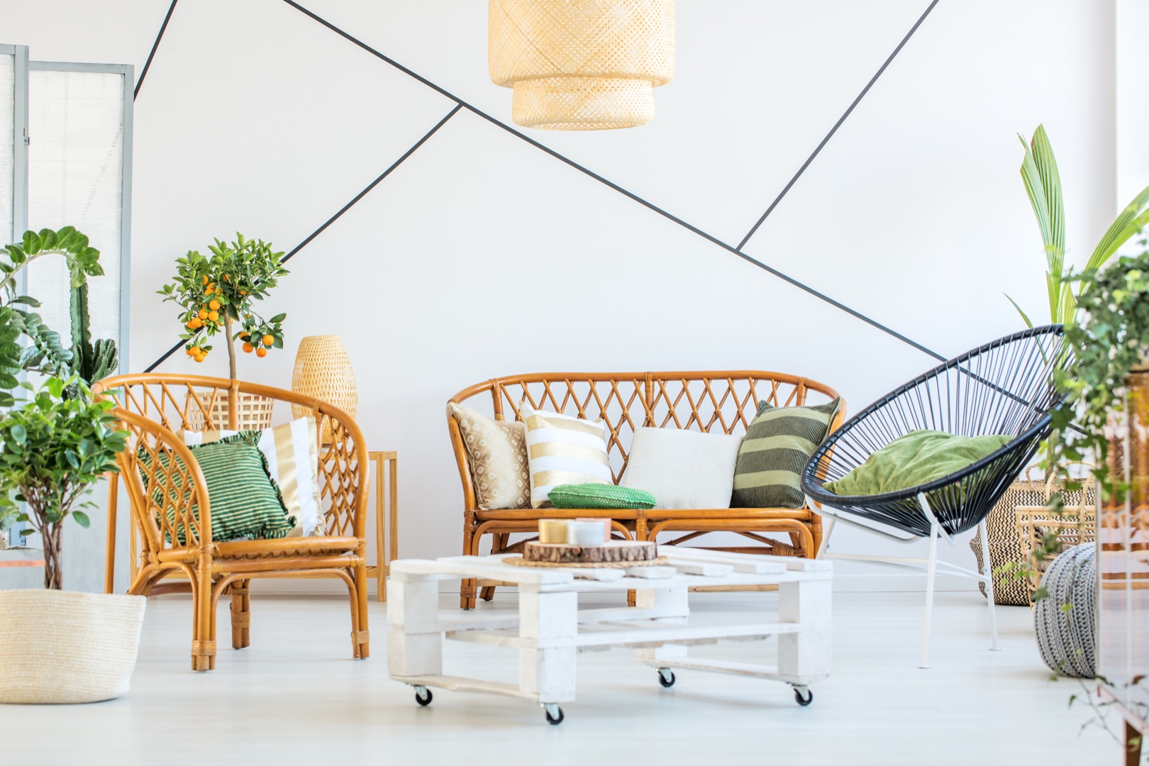 Trendy living room with modern furniture, plants and decorative tape on the wall
